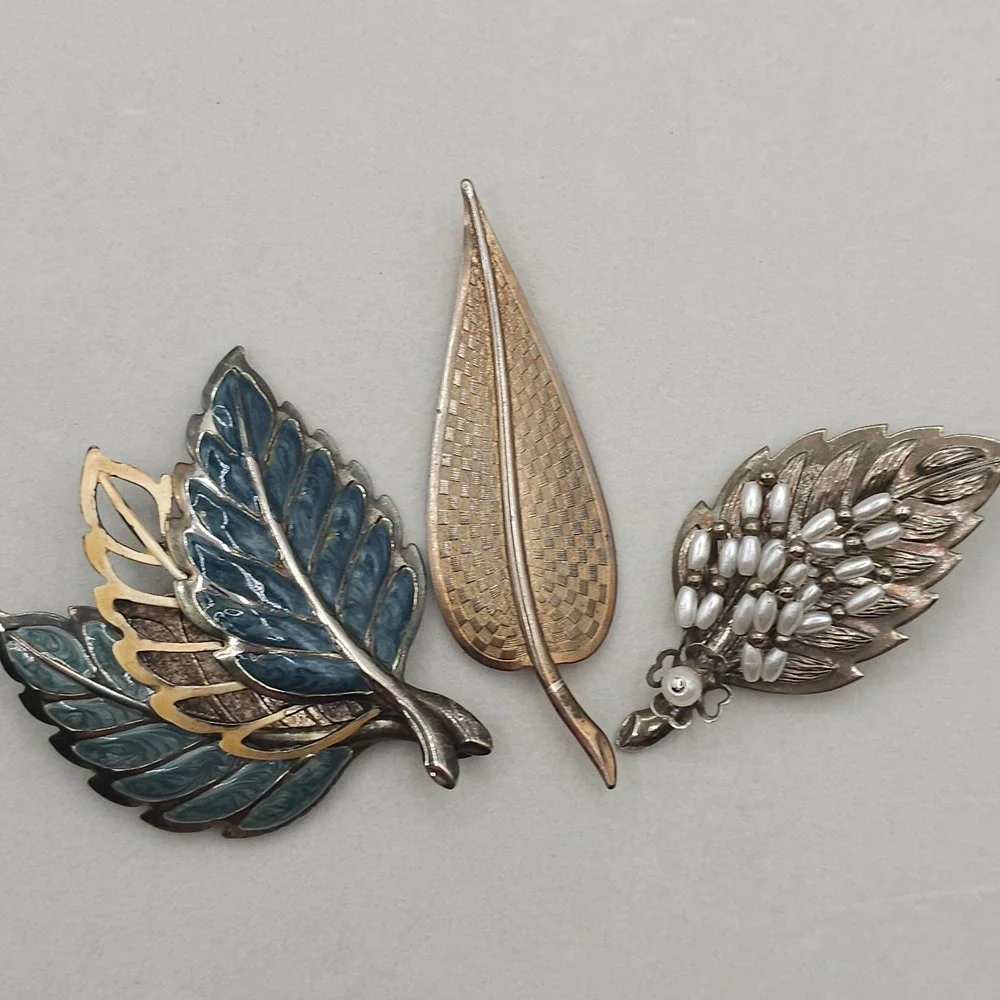 Vintage Leaf Brooch Pin Lot Statement Enamel Faux Pearl‎ Gold Silver Tone Nature